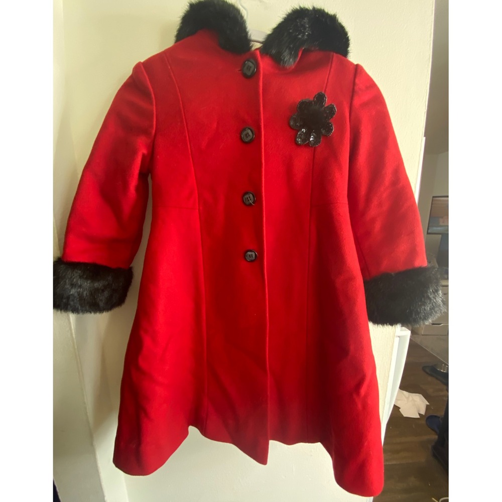Rothschild Girls Red Wool Blend Hooded Coat Faux Fur Trim Flower Pin Size 6